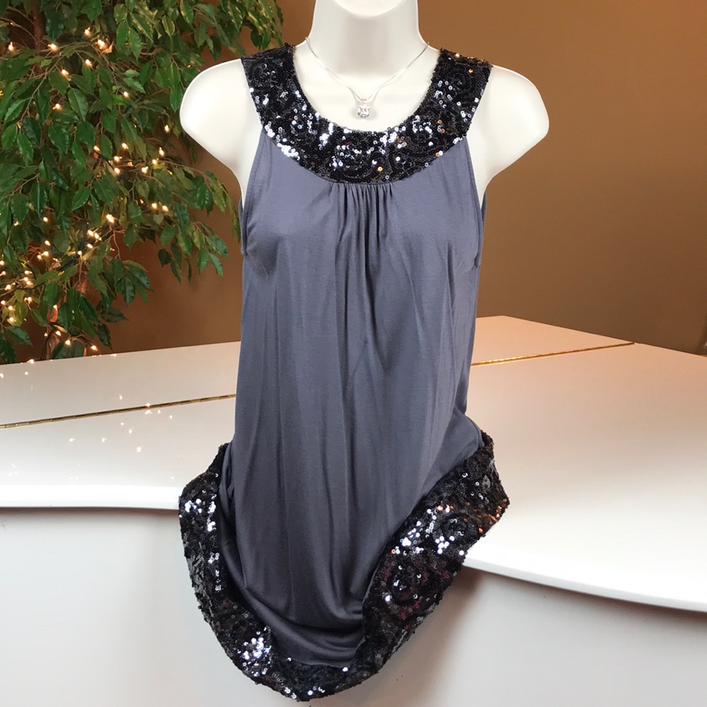 Express Gray Long Top Black & Silver Sequins Sz Sm